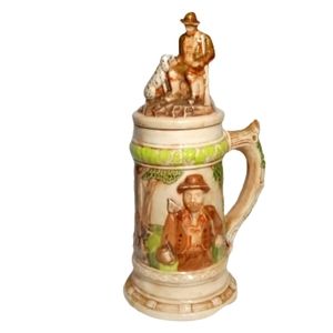 Vintage Hunter With Dog Hand Painted Ceramic 3D Lidded  German Beer Stein